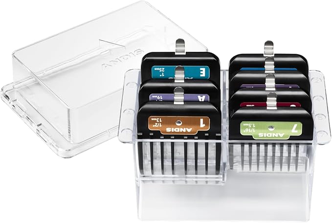 Andis 562014 Premium Clip Animal Comb Set – Built with Plastic, Includes 7 Color Coded Combs of Different Sizes, Metal Clip to Attach Comb - Fits Ultra Edge & Ceramic Edge Blades, Multicolor