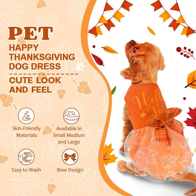 Thanksgiving Dog Outfit - Funny Puppy Dress with Bow, Cute Fall Pet Costume for Small & Large Dogs