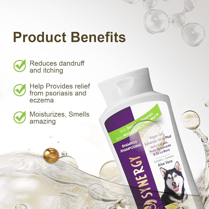 Pet Dog Shampoo Mud and Natural Dead Sea Mineral Rich, Aloe Vera & Vitamin-E, Anti Dandruff, Relief Psoriasis & Eczema, Moisturizing - Argan Oil & Lavender Oil - (1) Bottle 16.5 FL OZ