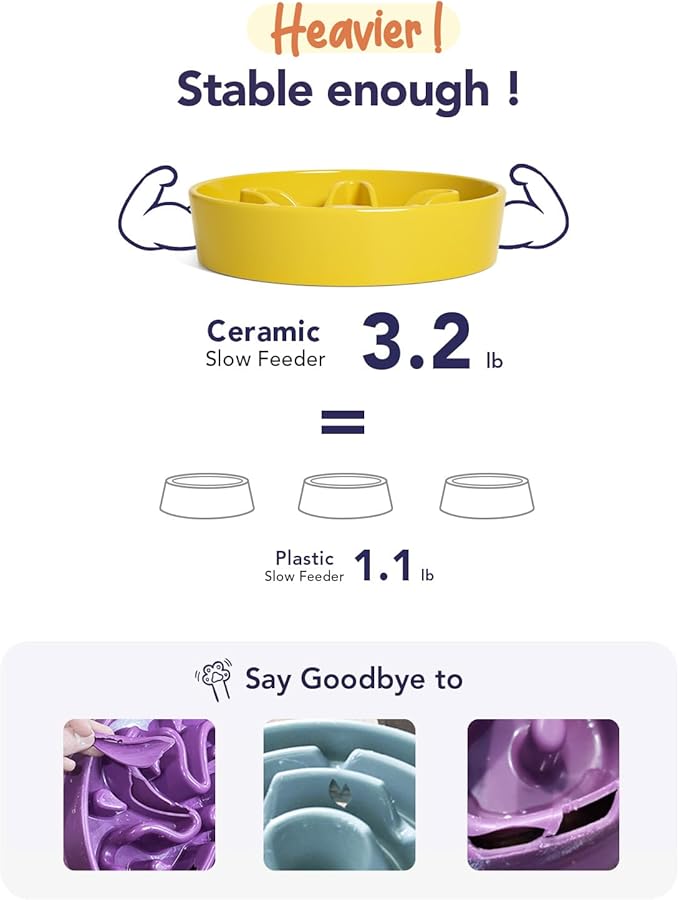 LE TAUCI Ceramic Slow Feeder Dog Bowl, 1.5 Cups, Small Medium Breed, Puppy, Star Yellow