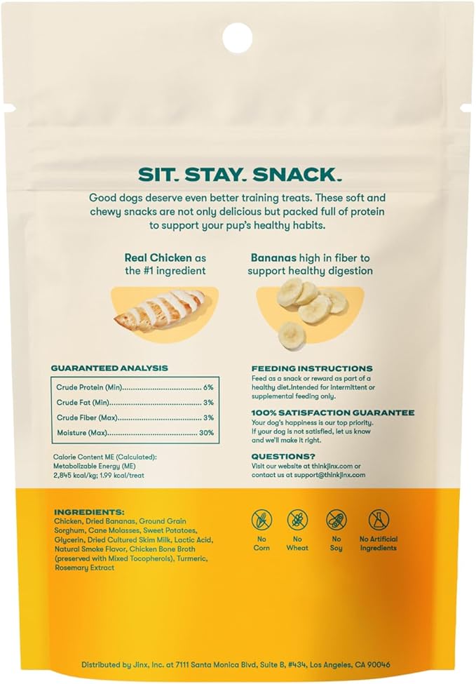Jinx Chicken & Banana Training Treats for Dogs and Puppies, Low-Calorie, All Natural, Slow-Smoked Real Chicken, No Fillers 4oz, 6 Pack