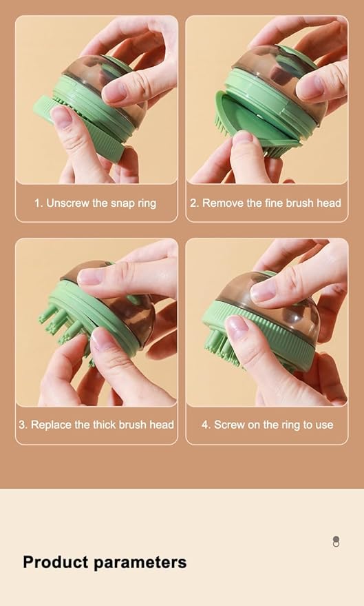 GERGOL - Dog Cat Bath Brush Comb Silicone Rubber Dog Grooming Brush Silicone Puppy Massage Brush Hair Fur Grooming Cleaning Brush Soft Shampoo Dispenser with release button 2 Replaceable Brush (Green)