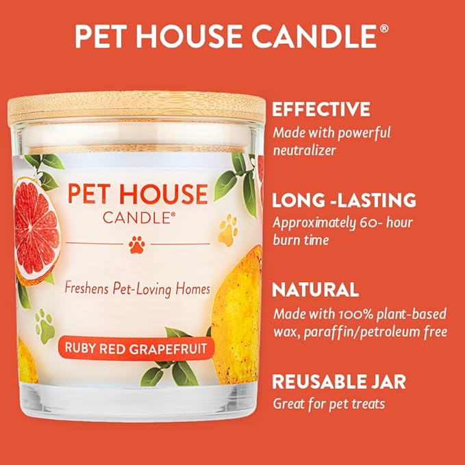Pet House 9 oz Ruby Red Grapefruit Scented Pet Odor Candle, Clean Burning, Long Lasting, Plant Based Spring, Summer Scented Soy Candle, 60 Hour Burn Time