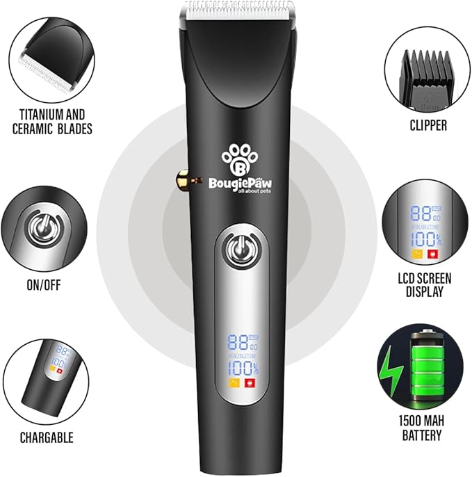 Grooming Kit for Dogs at Home - Rechargeable Low Noise Cat & Dog Clippers for Grooming Thick Hair - Cordless Grooming Clippers Includes Pet Hair Clippers, Nail Trimmer, Shears & Bath Brush