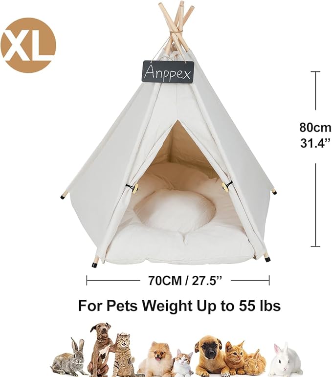 ANPPEX 32-Inch Dog Teepee Tent Indoor,XL Size Pet Tent Bed for Large and Medium Dogs,Indoor Dog House with Thick Cushion,White