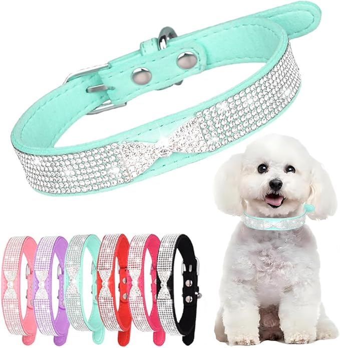 Blue Rhinestone Dog Collar for Female Dogs, Diamond Cat Collars with Jeweled Crystal Sparkling Glitter Girl's Pet Collar Adjustable for Medium Large Dogs, L