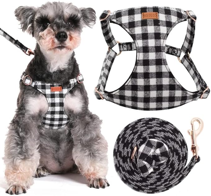 Small Dog Harness and Leash Set, Plaid Puppy Dog Harness XXS, Soft Adjustable Harness for Extra Small-Medium Pet Dogs and Cat No Pull, Black Plaid, Medium