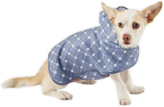 Bone Dry Pet Robe Collection, Trellis Paw Print, Absorbent Microfiber Bath Robe with Adjustable Closure for Dogs & Cats, X-Small, Stonewash Blue