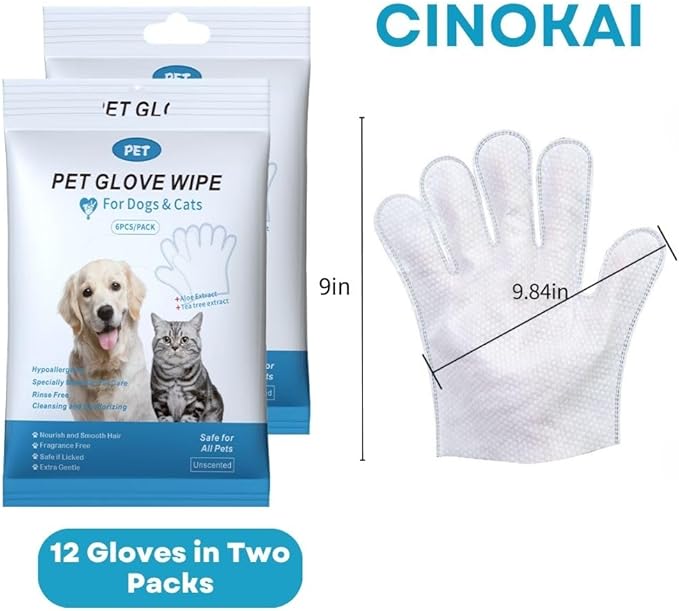 CINOKAI-Pet Cleaning Wipes - Cat Cleaning Wipes & Dog Grooming Gloves -Pet Glove Wipes for Dogs and Cats - Deodorizing Grooming Gloves (2Pack 12PCS)