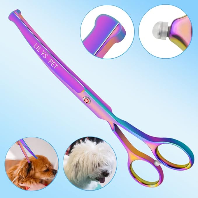 LILYS PET Safe Round-Tip Professional PET DOG Grooming Coated Titanium scissors suit Cutting&Curved&Thinning shears Set (Rainbow)