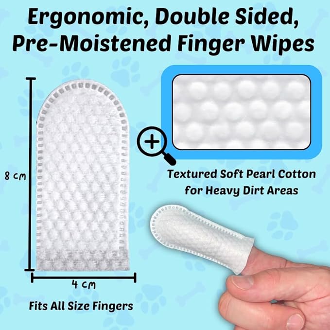 Pet Wipes - Multi-Purpose Finger Wipes to Cleanse Ears, Freshen Breath, Whiten Teeth, Soothe Skin and Tear Stain Removal. Pre-Formulated with 100% Natural, Plant-Based, Safe, & Beneficial Ingredients.