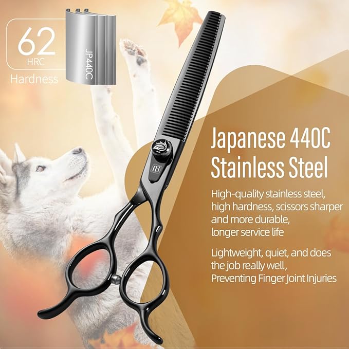 Dog Grooming Scissors: 7.5 inch Bright Black Pet Thinning Shears Made Of Japanese 440C Advanced Stainless Steel Professional Grooming Scissors for Dogs Cats and Other Pets