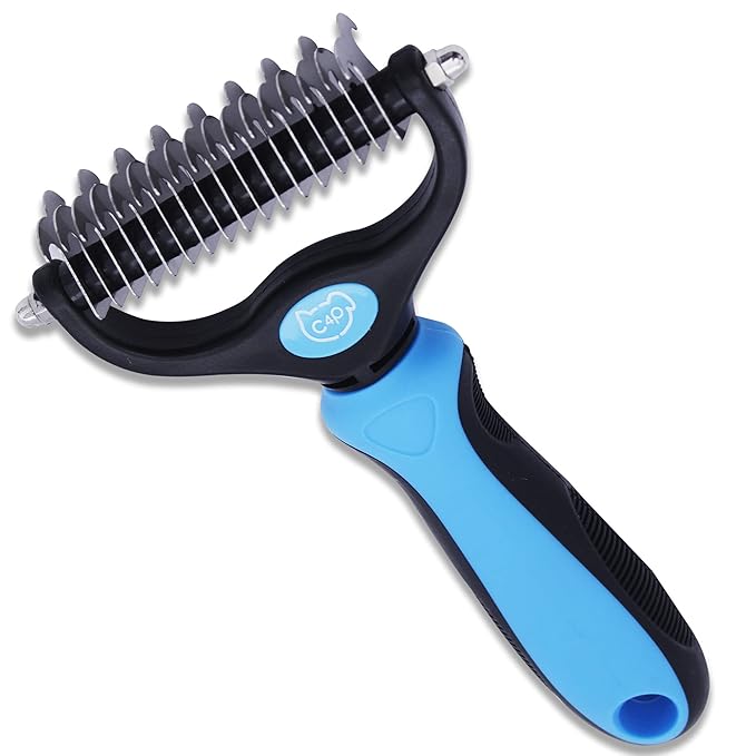 C4P Double Sided Undercoat Rake Brush for Long Haired Dogs & Cats, Shedding and Dematting Tool for Grooming Extra Wide Blue Large