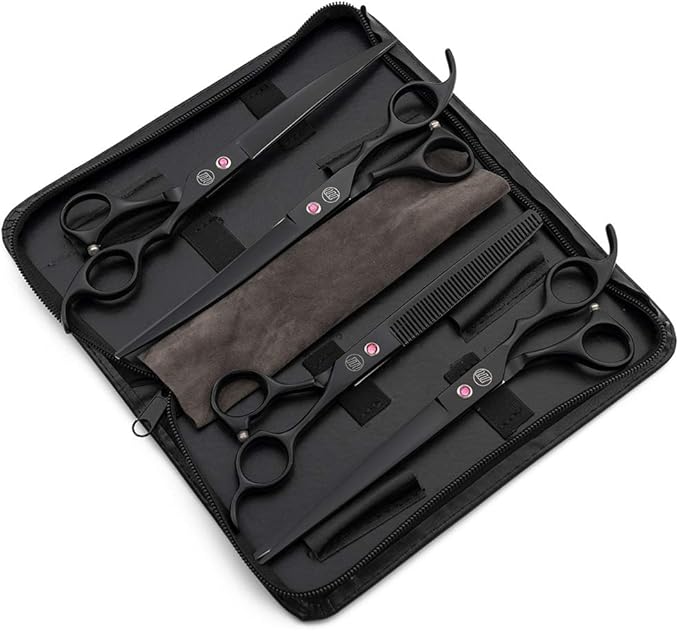 Moontay Professional 8.0" Dog Grooming Scissors Set, 4-pieces Straight, Upward Curved, Downward Curved, Thinning/Blending Shears for Dog, Cat and Pets, JP Stainless Steel, Black