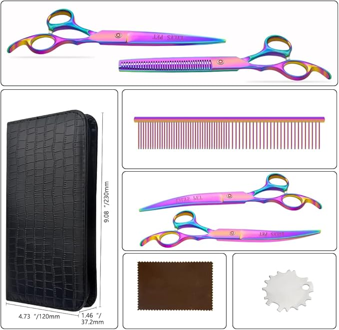 LILYS PET Professional PET DOG Grooming Coated Titanium scissors suit Cutting&Curved&Thinning shears (7.0 inches, Rainbow)…