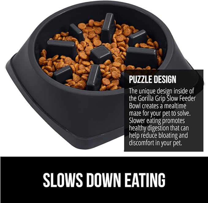 Gorilla Grip Slow Feeder Dog and Cat Bowls, Interactive Puzzle Toy for Dogs and Cats Food Training, Keeps Pets Busy and Prevents Puppy Overeating, Large, Small Breeds, 100% BPA Free, 4 Cup Black