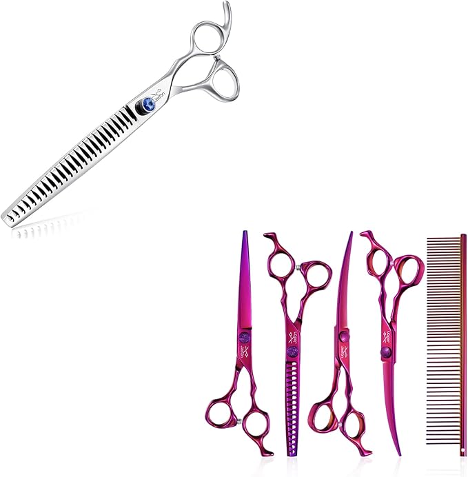 JASON 8" 26 Tooth Chunkers Shears for Dogs Ergonomic Cats Grooming Scissors & JASON Dog Grooming Scissors Set - Professional 6 in 1 Dog Shears Set