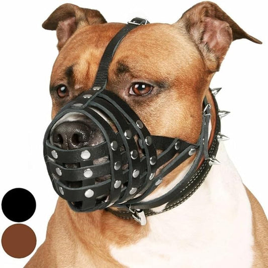 CollarDirect Pitbull Dog Muzzle Leather Amstaff Muzzles Staffordshire Terrier Secure Basket (Black)…