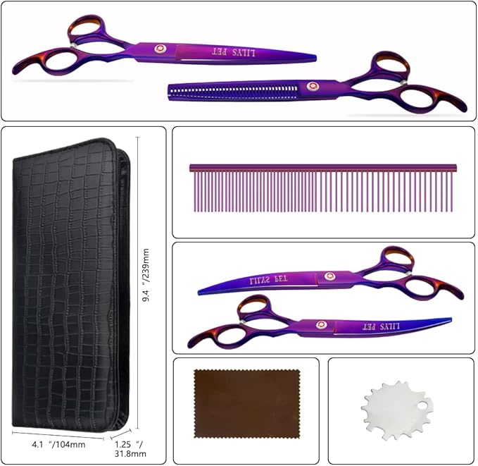 LILYS PET Professional PET DOG Grooming Coated Titanium scissors suit Cutting&Curved&Thinning shears (8.0 inches, Purple)…