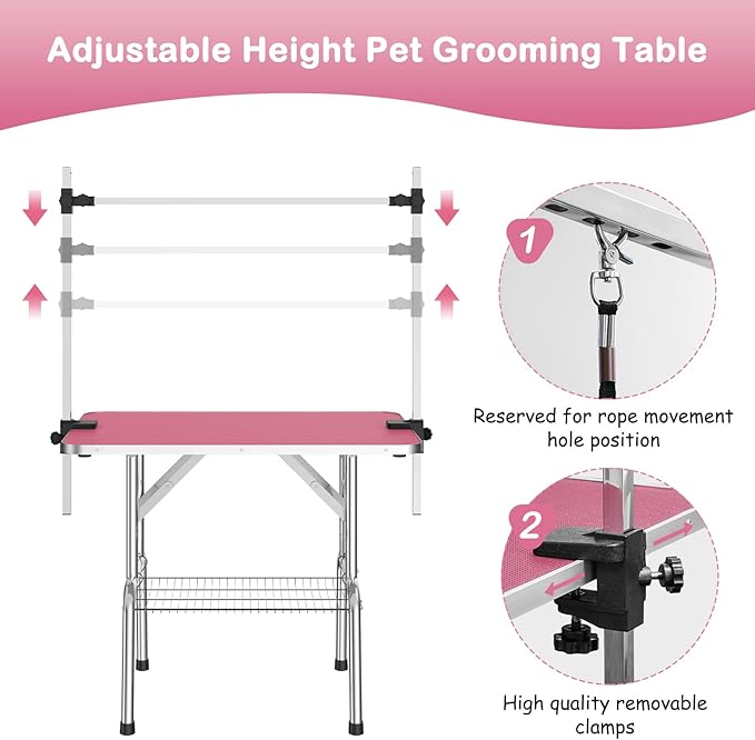 APRILSOUL 36 Inch Pet Grooming Table for Small Dogs,Adjustable Height,Foldable,Anti-Slip Surface,with Arms, Nooses, Mesh Tray