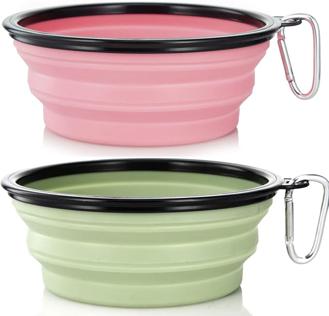Dog Bowl Pet Collapsible Bowls, 2 Pack Collapsible Dog Water Bowls for Cats Dogs, Portable Pet Feeding Watering Dish for Walking Parking Traveling with 2 Carabiners (Large, Fairy Pink & Sprout Green)