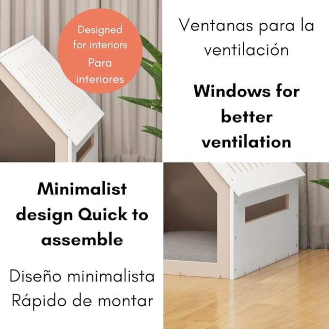 Big House for Pets, Wooden House for Pets for Interiors, Resistant Wood with Cushion for Dog Included, Minimalist, Elegant and Resistant, 24x25x24.5 in, Matte White
