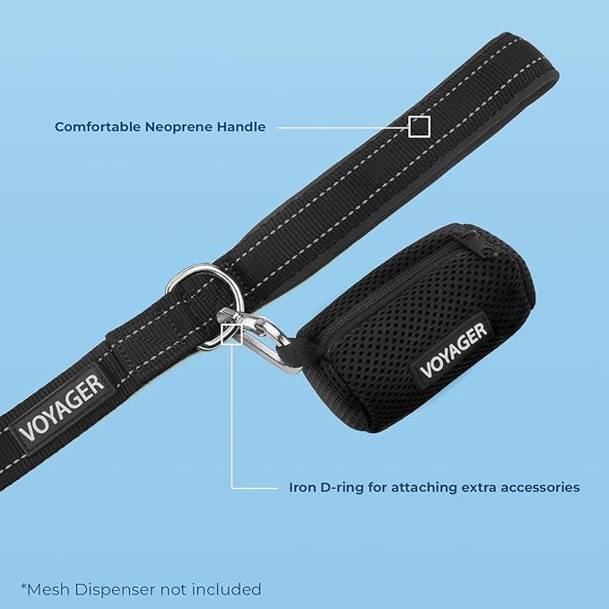 Voyager Reflective Dog Leash Collar Set with Neoprene Handle Supports Small, Medium, and Large Breed Puppies, Cute and Heavy Duty for Walking, Running, and Training - Black, M