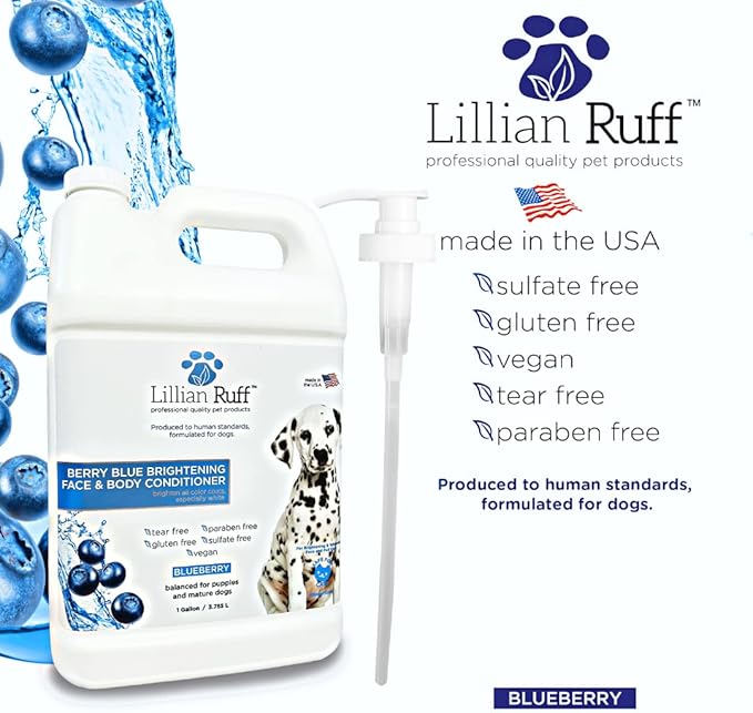 Lillian Ruff Berry Blue Brightening Face & Body Conditioner for Dogs & Cats - Tear Free Blueberry Conditioner - Remove Tear Stains, Hydrate Dry Skin, Add Shine & Luster to Coats - (Gallon W/Pump)