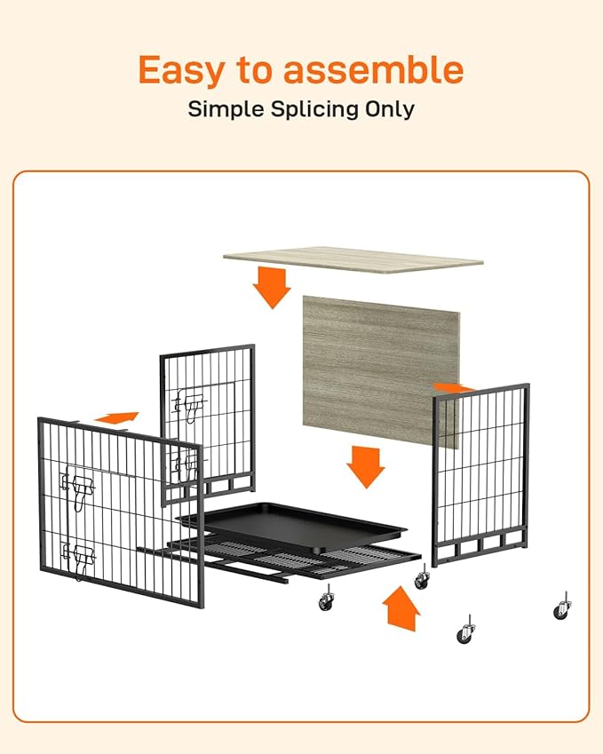 Dog Crate Furniture, 27.2" Wooden Dog Kennel Indoor, Double Doors Dog Cage with Removable Tray, Wheels, Large Dog Crate End Table for Medium/Large Dogs, Grey