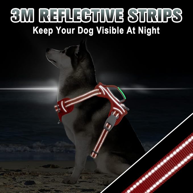 BARKBAY No Pull Dog Harness Large Reflective Dog Harness with Front Clip and Easy Control Handle for Walking Training Running with ID tag Pocket(Red,L)
