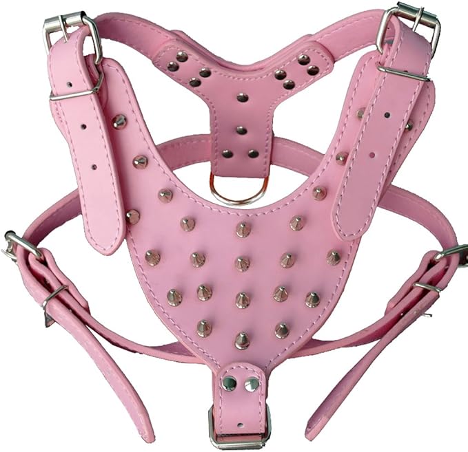 Spiked Leather Dog Harness Chest for 26"~34" Large Dogs Pitbull Mastiff Boxer Bully Black/Pink/Red/Gold Brown/Leopard/Brown (Spiked Pink)
