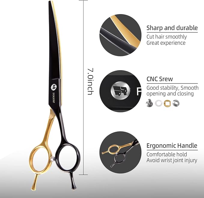 Black and Gold Two-Color Curved Grooming Scissors for Dogs 7.0" Professional Curved Pets Grooming Scissors for Small Medium Dog 9CR Stainless Steel(Black&Gold,Curved)