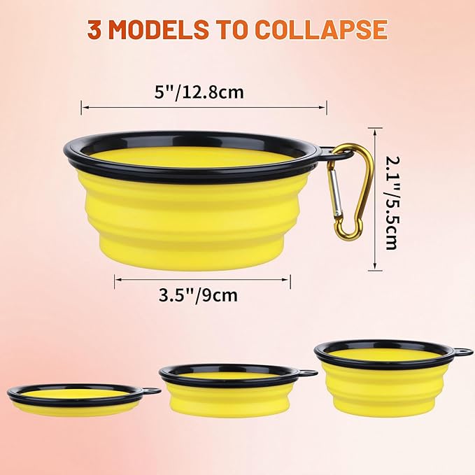 Dog Bowl Pet Collapsible Bowls, 2 Pack Collapsible Dog Water Bowls for Cats Dogs, Portable Pet Feeding Watering Dish for Walking Parking Traveling with 2 Carabiners (Small, Orange+Yellow)