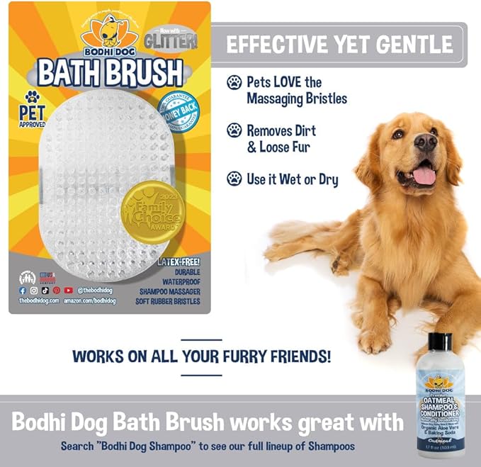 Bodhi Dog Shampoo Brush - Pet Grooming & Bath Supplies for Cats and Dog - Bath Brush for Long & Short Hair - Premium Scrubber for Shower, Bathing & Massage (One Pack, Silver Glitter)