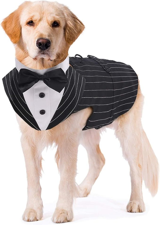 Kuoser Dog Tuxedo Dog Suit and Bandana Set, Dogs Tuxedo Wedding Party Suit, Dog Prince Wedding Bow Tie Shirt Formal Dog Wedding Attire for Large and Medium Dogs Golden Retriever Samo Bulldogs