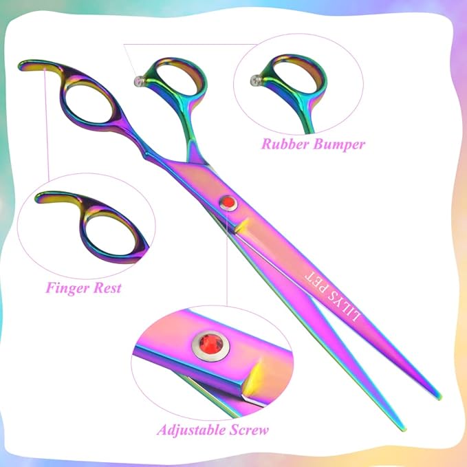 LILYS PET HIGH-END SERIES Japan 440C Stainless Steel Professional Pet Grooming Scissors Set,Rainbow Color,Cutting&Thinning&Two-way Curved shears Set (8.0")