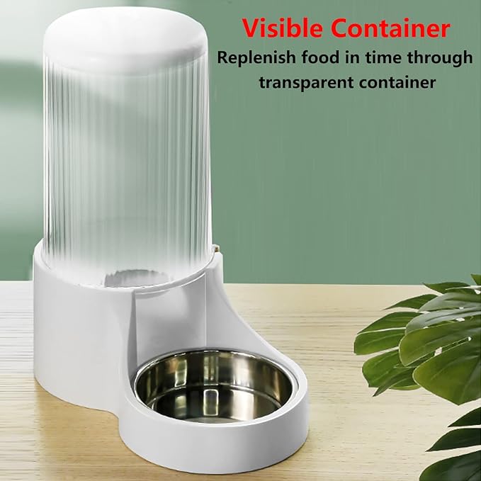 Automatic Cat Feeder - 3.8L Large Gravity Cat Food Dispenser with Detachable Top Lid, Visible Bottle and Stainless Steel Bowl for Dog and Pet (White)