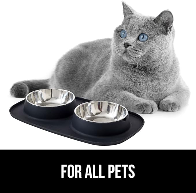GORILLA GRIP Patent Pending 100% Waterproof BPA Free Cat and Dog Bowls Silicone Feeding Mat Set, Stainless Steel Bowl Slip Resistant Raised Edges, Catch Water, Food, Pet Accessories, 2 Cup, Black