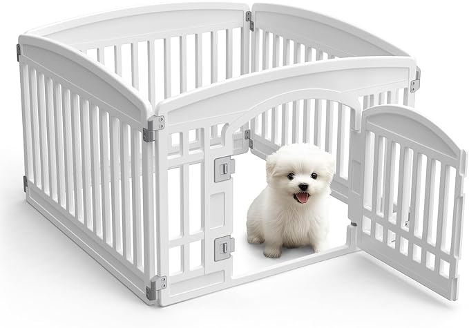 Dog Playpen 4-Panel 24" | Safe & Secure Indoor/Outdoor Pet Fence | Folding & Portable | 35 x 35 x 24IN, Ideal for Small to Medium Dogs | Easy to Clean （White）