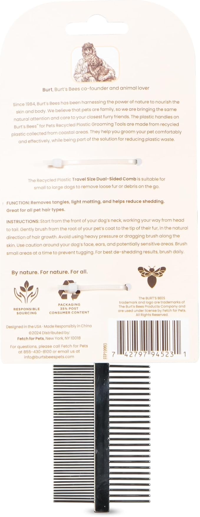 Burt's Bees for Pets Dual Sided Grooming Comb with Handle from Recycled Plastics | 2-in-1 Tool for Pet Grooming and Flea Removal