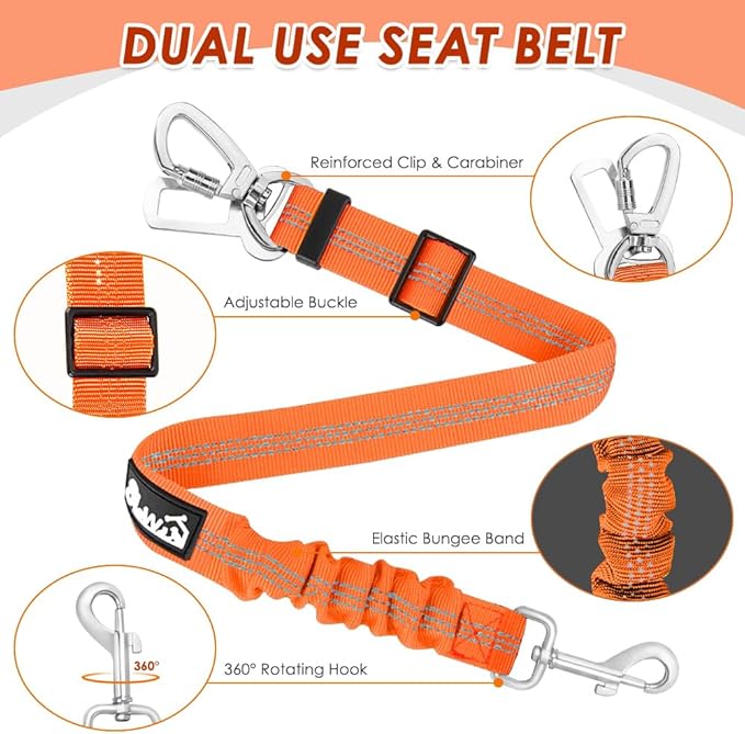 SlowTon Dog Seatbelt, 2 Pack Dog Seat Belt Car Leash Adjustable Elastic Bungee Buffer Heavy Duty Nylon Reflective Pet Safety Tether Connect to Dog Harness for Travel Riding in Vehicle (Daul Clip, OR)