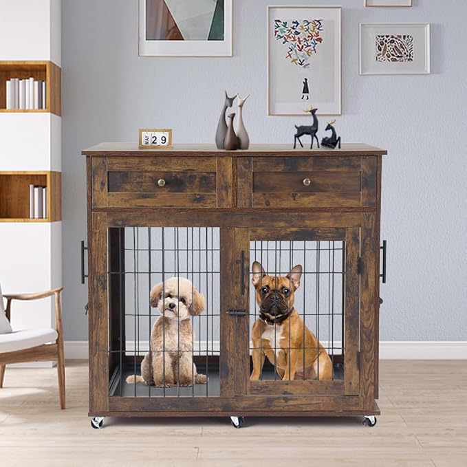 Dog Crate Furniture with 2 Drawers, Wooden Dog Kennel with Divider and Removable Tray, Double Rooms Dog Cage for 2 Dogs, Wooden Dog Crate End Table