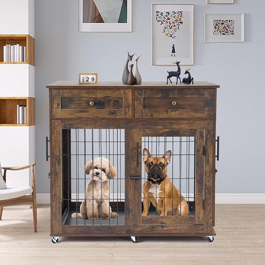 Double Dog Crate Furniture with 2 Drawers,Wooden Dog Crate End Table,2 Dogs Wooden Dog Cage Dog House for Small/Medium/Large