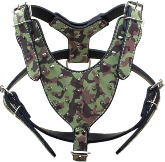 Spiked Leather Dog Harness Chest for 26"~34" Large Dogs Pitbull Mastiff Boxer Bully Black/Pink/Red/Gold Brown/Leopard/Brown (Spiked Camo)