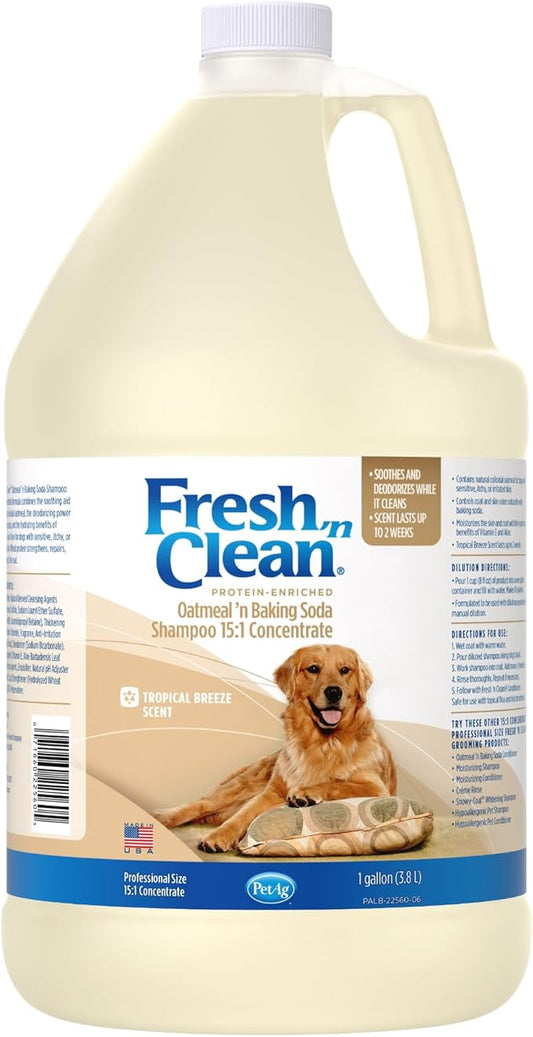 PetAg Fresh ’n Clean Oatmeal ’n Baking Soda Shampoo - Tropical Breeze Scent (15:1 Concentrate) - 1 Gallon - Nurtures Dry, Itchy Skin with Vitamin E & Aloe - Strengthens & Repairs - Soap Free