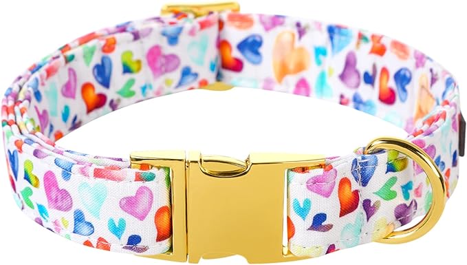 Lionet Paws Valentine Day Dog Collar, Heavy-Duty Cute Colorful Heart Pattern Collar with Metal Buckle Pet Necklace for Small Medium Dog Gift, Neck 13.5-22 inches