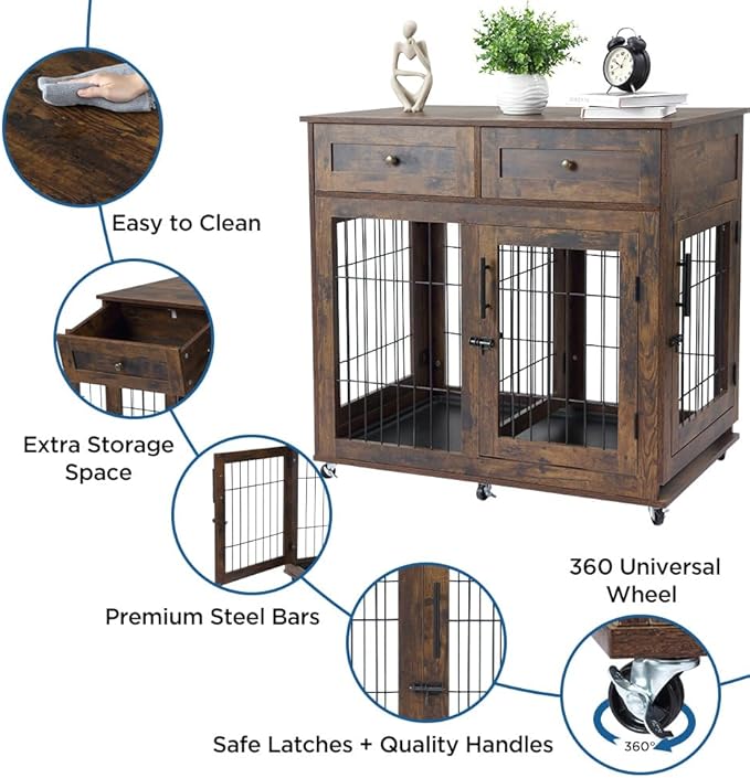 Dog Crate Furniture with 2 Drawers, Wooden Dog Kennel with Divider and Removable Tray, Double Rooms Dog Cage for 2 Dogs, Wooden Dog Crate End Table