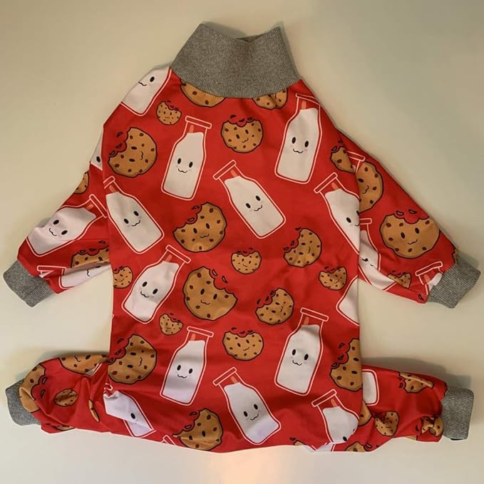 Tooth & Honey Pitbull Dog Pajamas – Red Milk & Cookie Print Onesie for Medium Dogs – Lightweight Full Coverage Dog Clothes for Shedding, Recovery & Warmth – Pullover Pajamas (Medium)