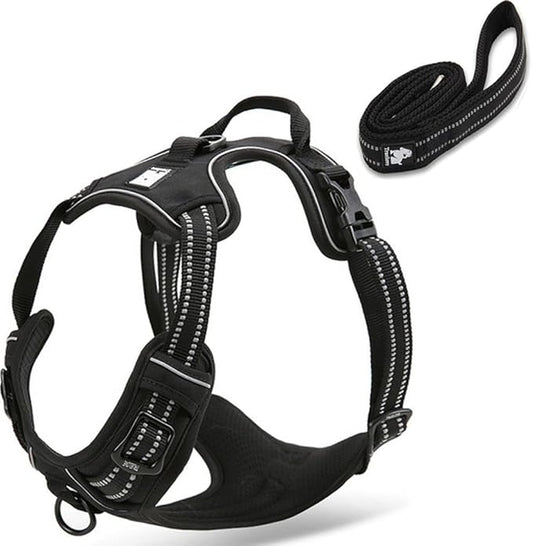 Reflective Nylon No-Pull Dog Harness and Training Leash Set Padded Durable Adjustable(S, Black Set)