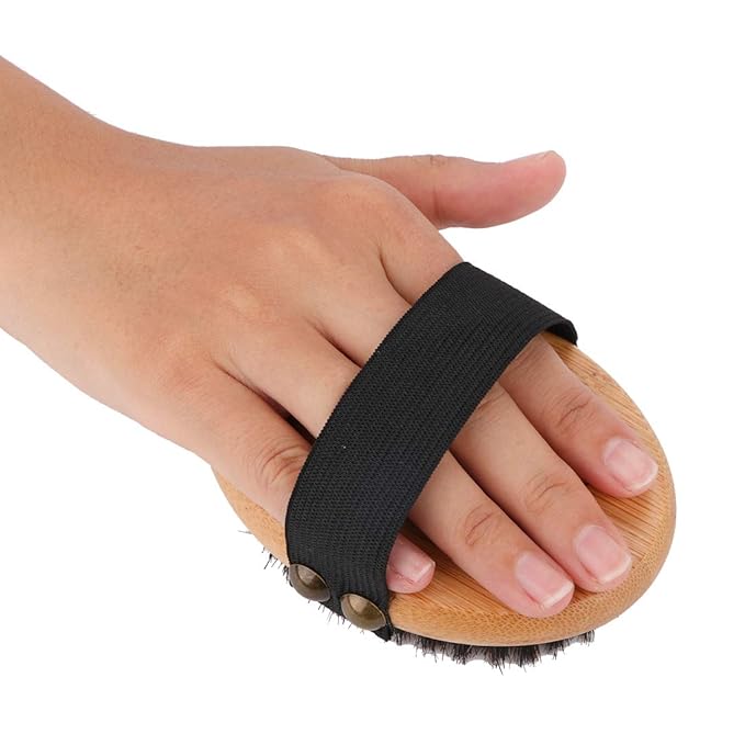 Bamboo Grooming Palm-Held Pets Brush with Boar Bristles & Elastic Band for Dog Cat Shower Bath and Massage